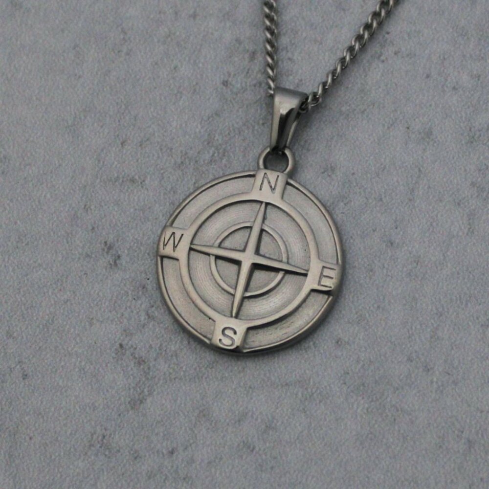Silver Compass Pendant Chain Necklace